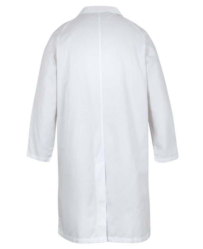 A white dust coat with long sleeves and a back vent, designed for use in food industry settings.