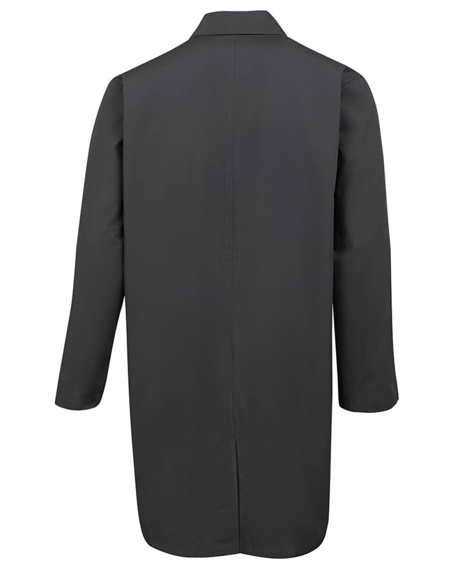 A black lab coat with long sleeves and a collared neckline, featuring a simple, sleek design.