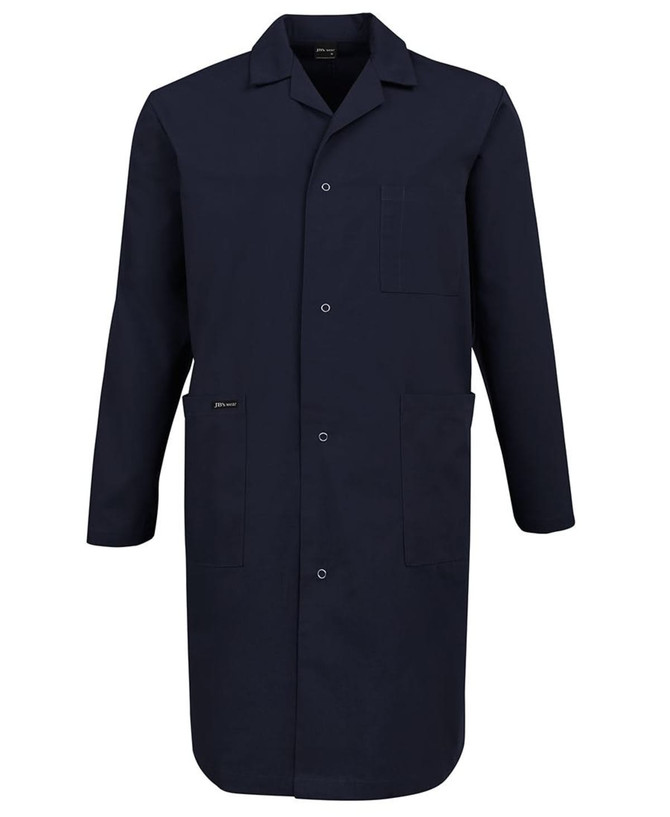 A navy blue lab coat featuring a front button closure, collar, and pockets, with a logo on the side.