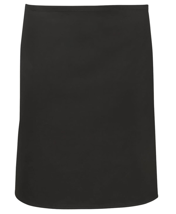 A black apron with a simple design, featuring a logo on a plain background.