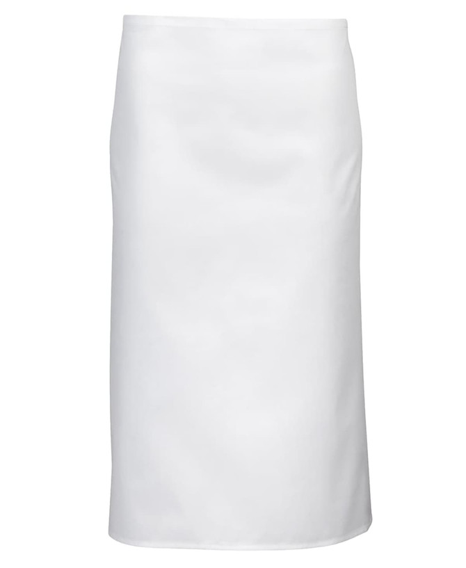 A white apron with a simple design, featuring a logo on the front. Suitable for workwear.