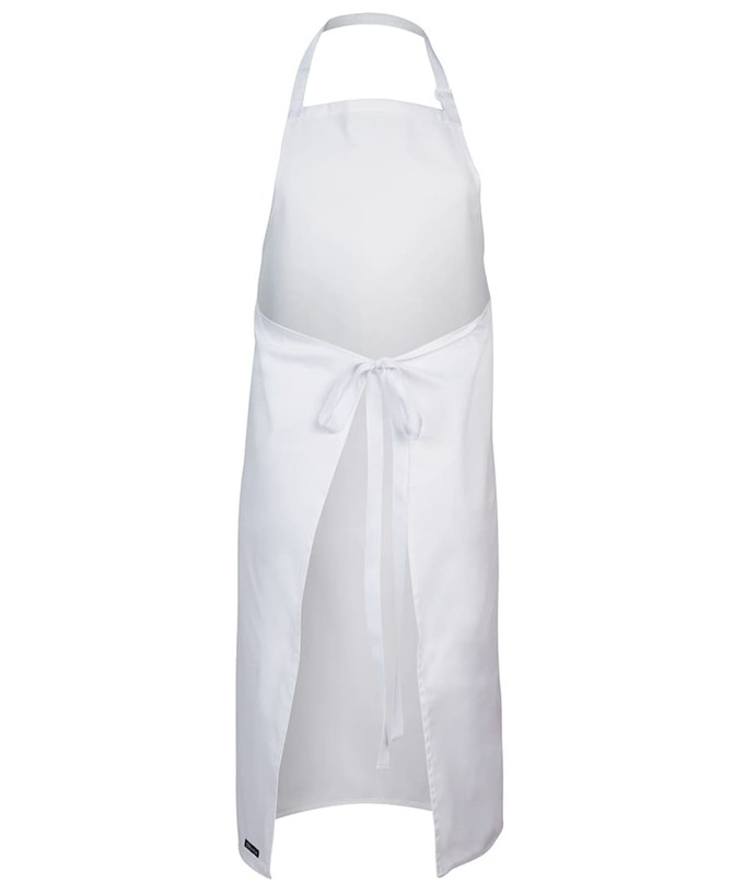 A white apron featuring a tie at the waist and a split front design. It includes a logo.