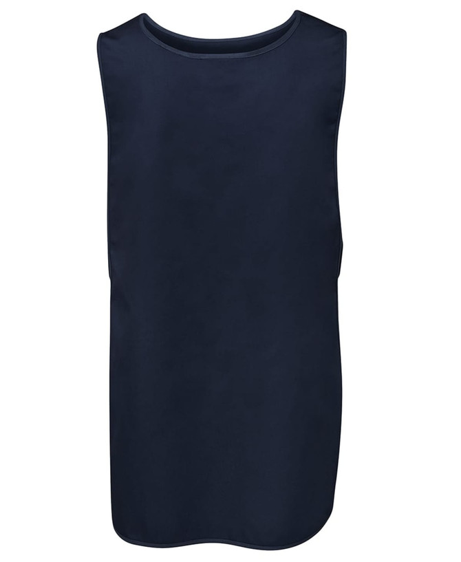 A dark navy tunic-style smock with a simple design and no sleeves, featuring a logo.