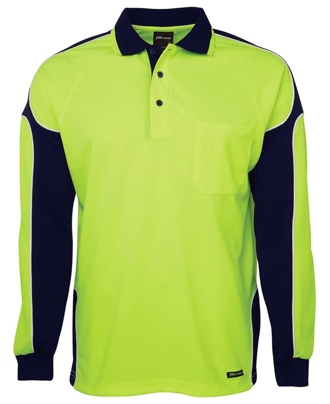 A long-sleeved polo shirt featuring a bright yellow body and navy blue arm panels, with a pocket and branding.