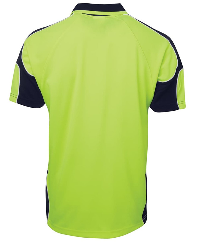 A bright lime green and navy blue polo shirt with arm panels and a branding logo.