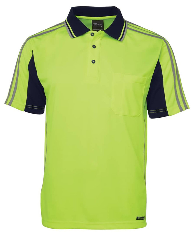 A bright lime and navy polo shirt featuring a pocket and a logo, designed for workwear.