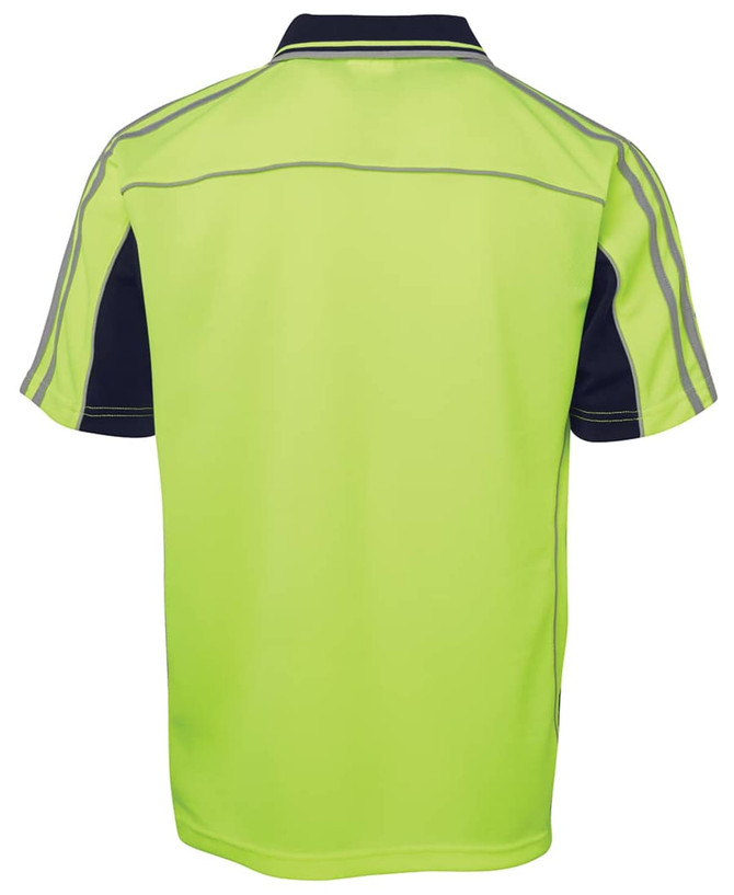 A high-visibility lime green polo shirt with navy blue accents and reflective details, featuring a logo.
