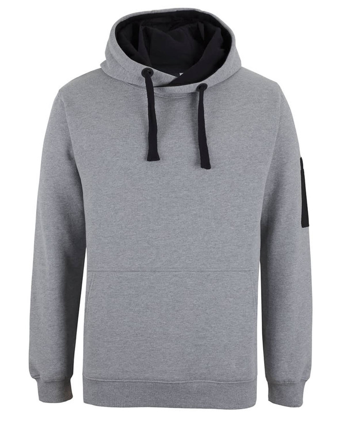 A grey hoodie featuring a black hood and drawstrings, with a side pocket and a logo on the sleeve.