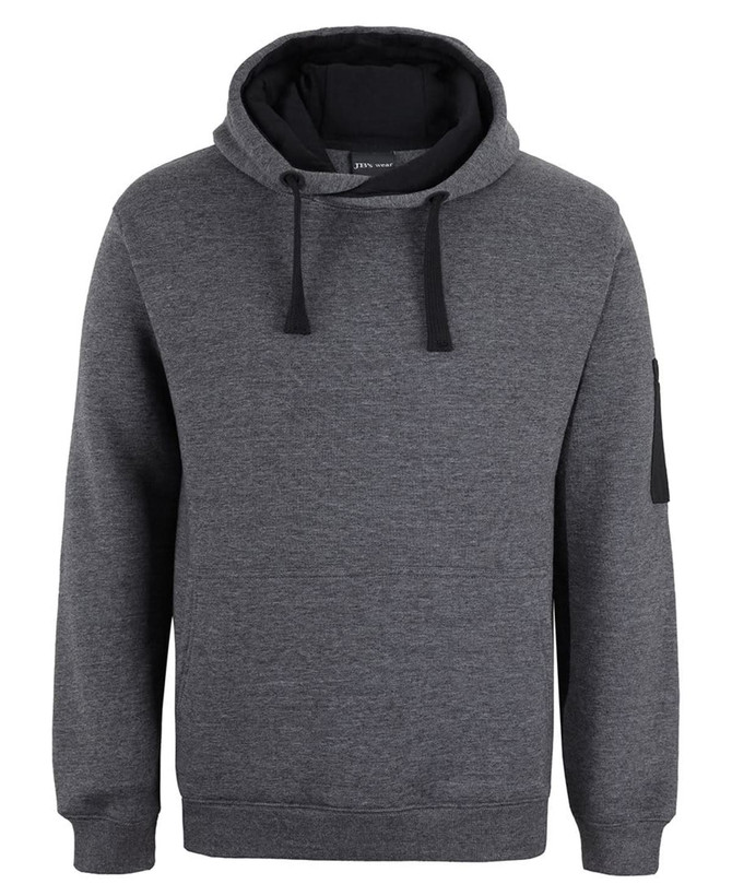 A grey hoodie with a black-lined hood and a sleeve pocket, featuring a logo.