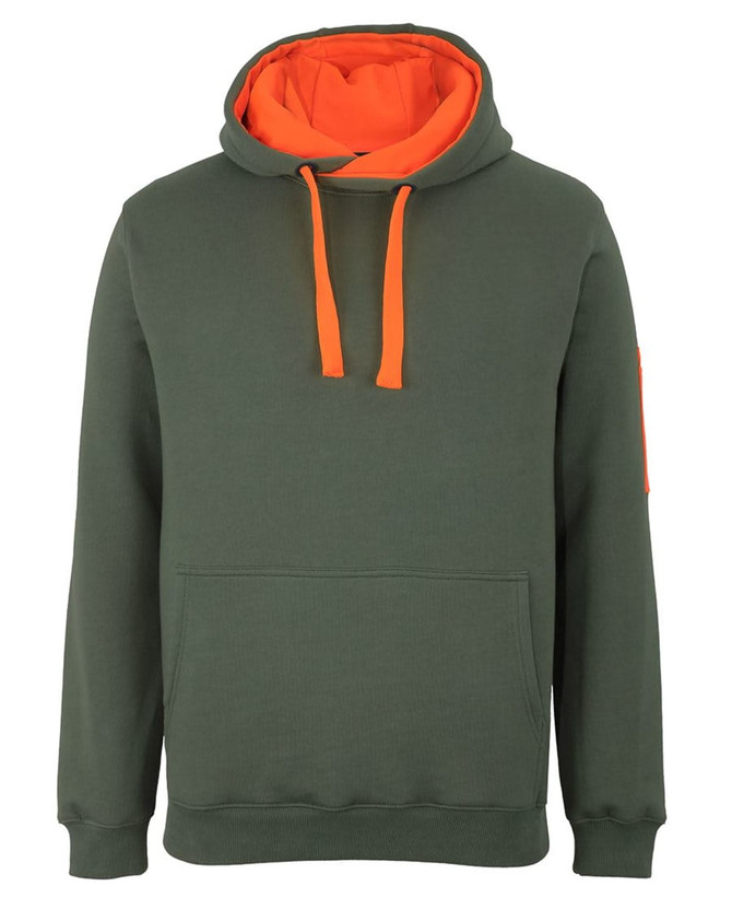 A green work hoodie with an orange inner lining and drawstrings, featuring a front pocket and a logo on the sleeve.