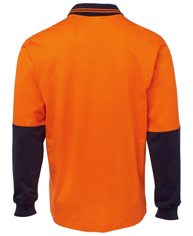 An orange long-sleeve cotton polo shirt featuring navy sleeves and a collar, with a logo present.
