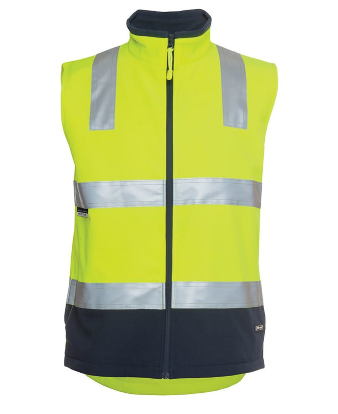 A high-visibility softshell vest in fluorescent yellow with navy detailing and reflective stripes, featuring a logo.