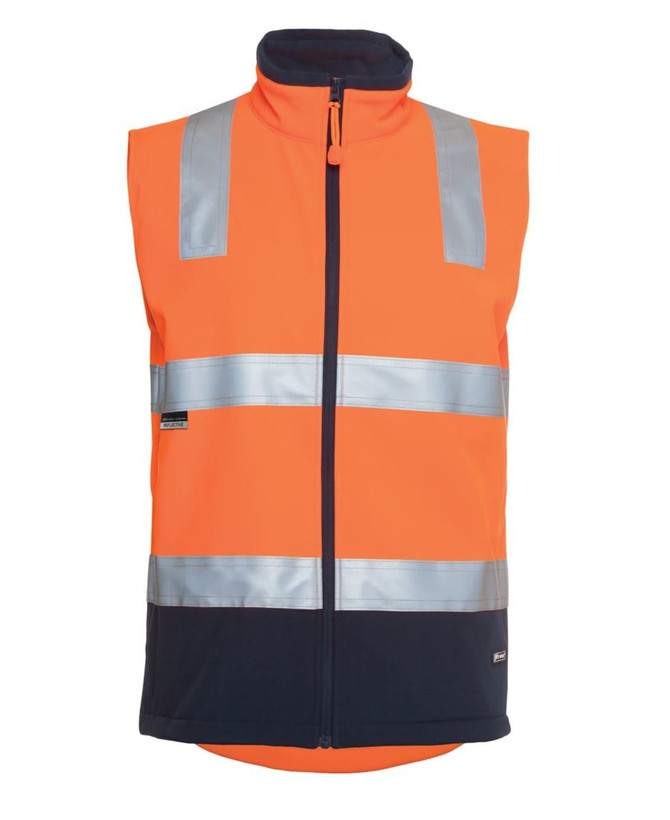 High-visibility orange softshell vest featuring reflective strips and a navy base, with a front zipper and branding.