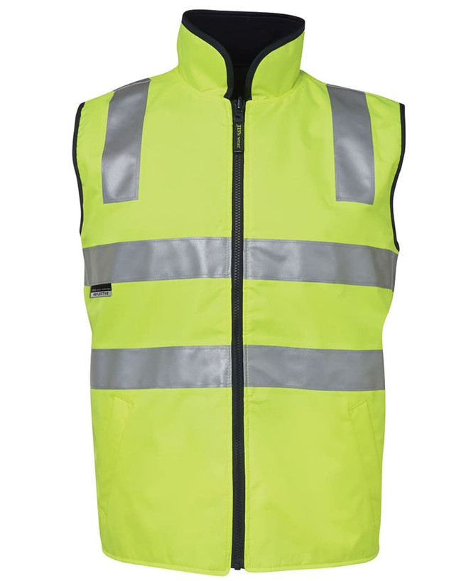 A high-visibility vest in bright yellow with grey reflective stripes and a zip closure. Features a branding logo.