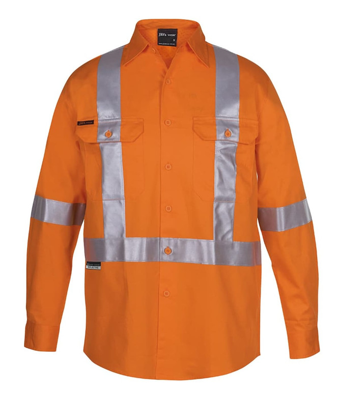An orange long-sleeve safety shirt with reflective tape, featuring two chest pockets and a logo.