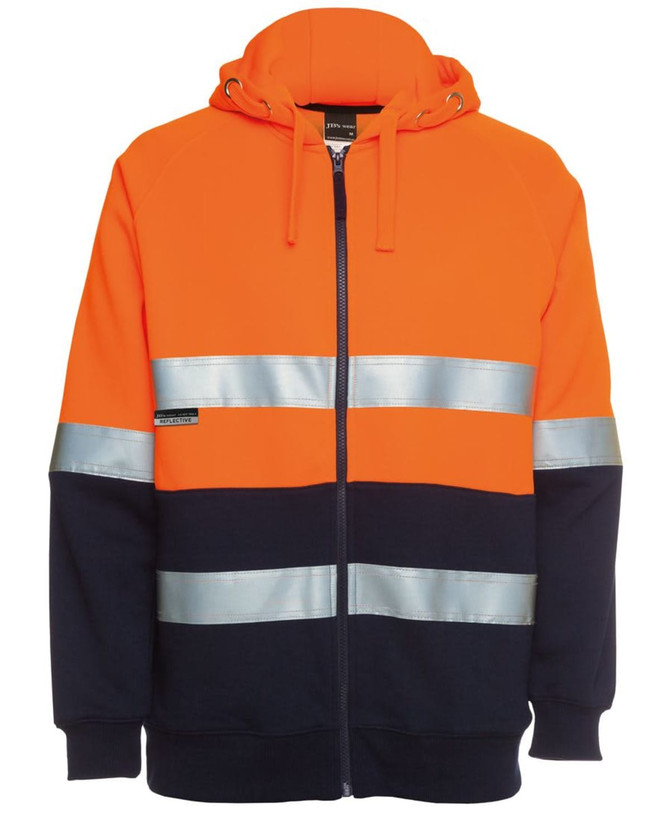 An orange and navy full zip fleecy hoodie with reflective stripes and a hoodie. It features a branding logo.