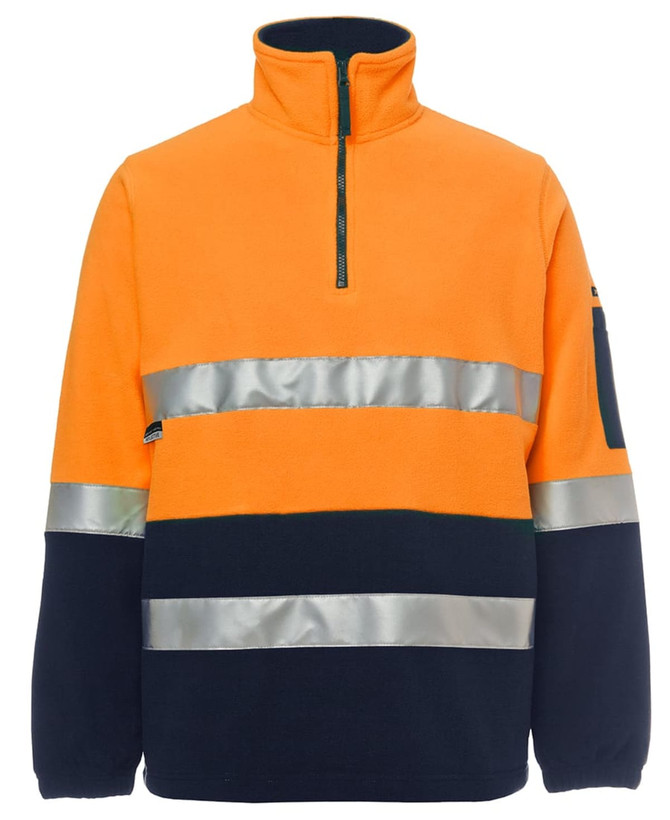 A high-visibility work polar fleece in orange and navy, featuring reflective stripes and a zippered collar.