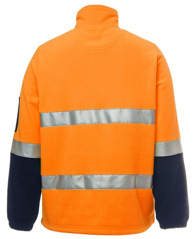 A bright orange polar fleece jacket with reflective stripes and navy blue sleeves, featuring a logo on the sleeve.