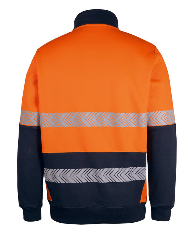 A fleece jumper featuring orange and navy segments with reflective chevron stripes and a logo.