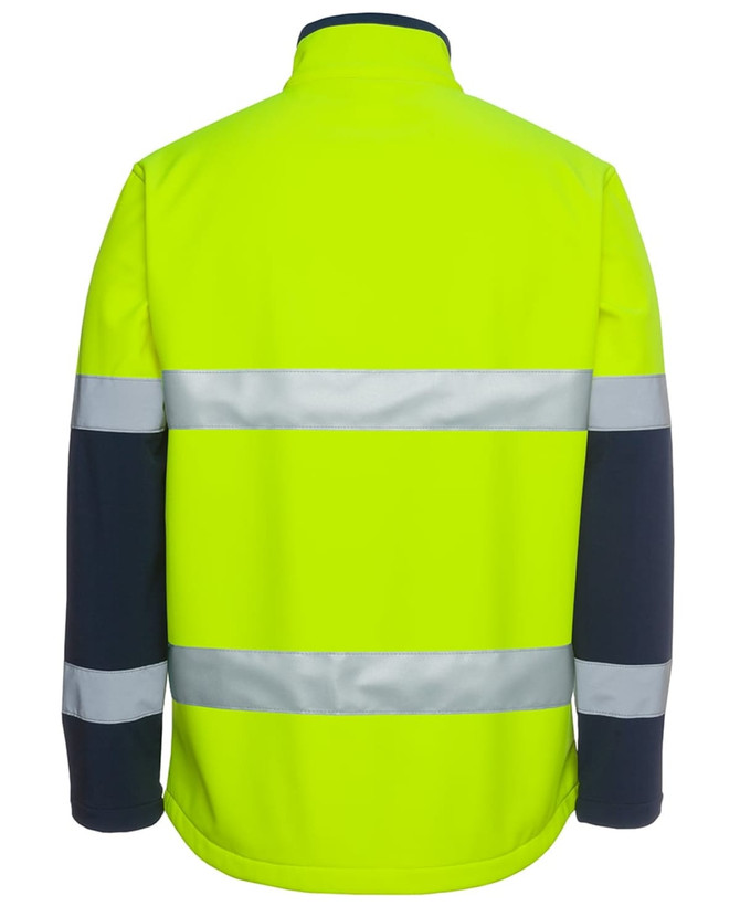 A high-visibility three-layer softshell jacket in bright yellow with navy sleeves and reflective strips.