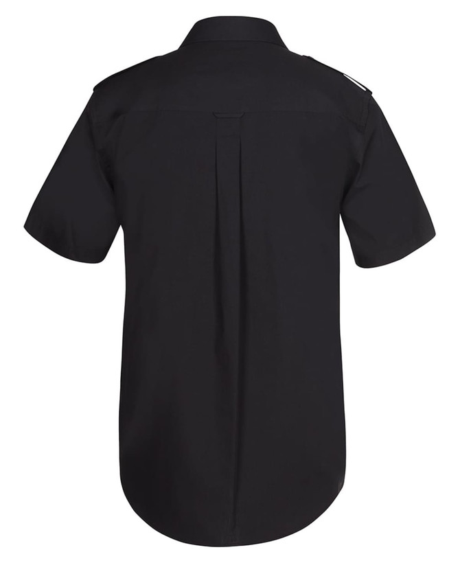 A black button-up shirt with a collar and short sleeves, featuring a back pleat and a logo on the shoulder.