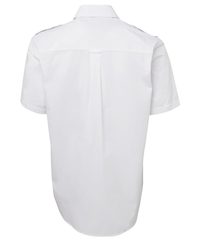 A white short-sleeve button-up shirt with a back pleat and a logo on the label.