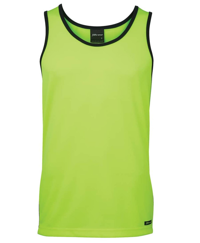A bright lime green singlet with contrasting black trim and a label, designed for workwear.