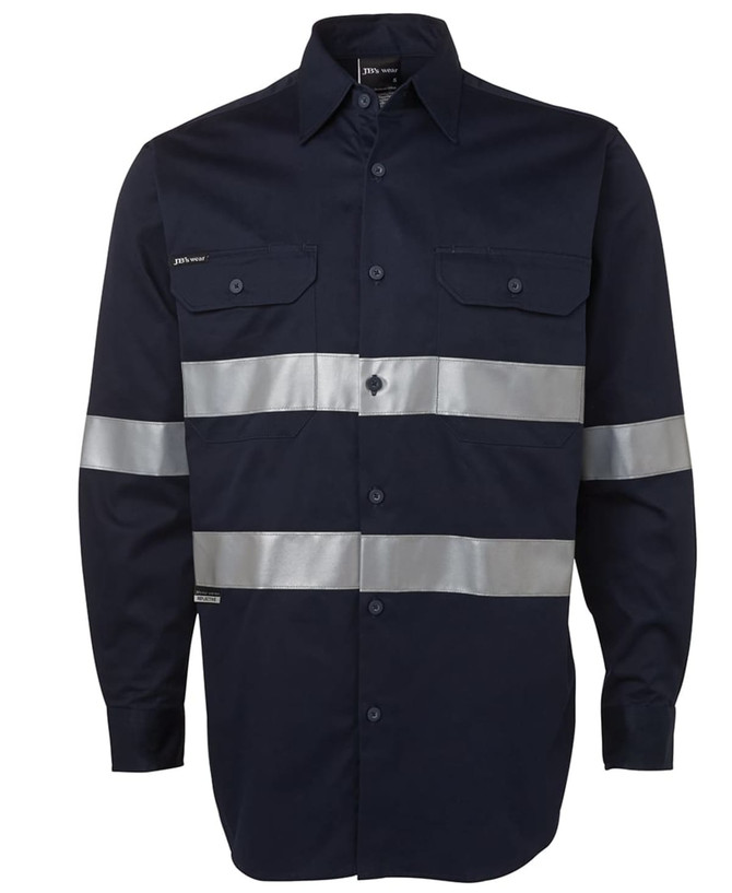 A navy work shirt featuring reflective stripes and two chest pockets. It includes a branded logo.
