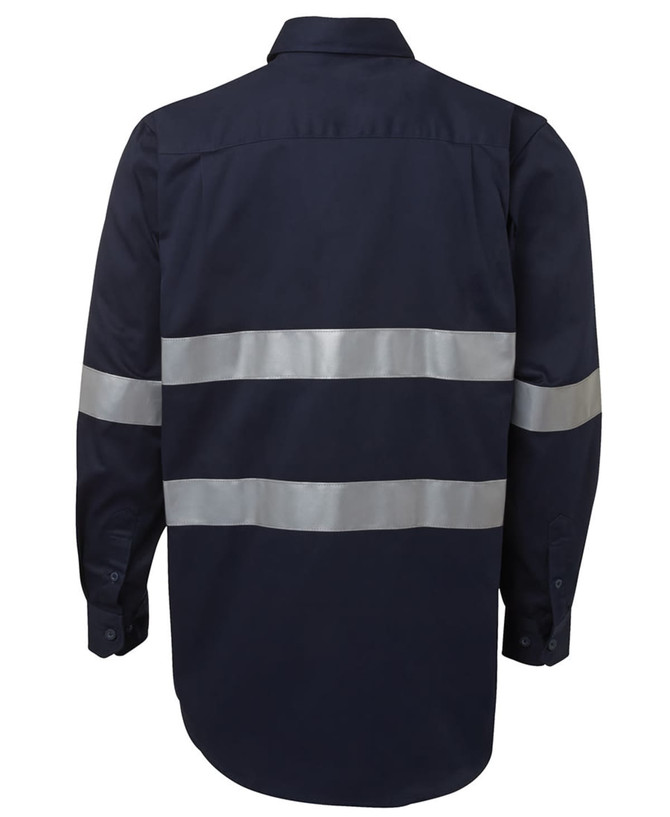 A navy work shirt with silver reflective stripes, featuring long sleeves and a back view. It includes a branding logo.