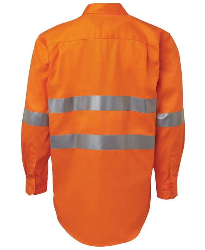 An orange work shirt with reflective silver stripes across the torso and sleeves, featuring a collar and button-up design.