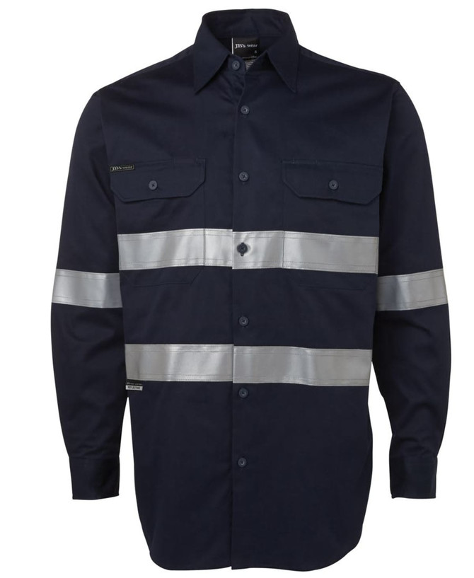 A navy work shirt featuring reflective silver stripes and two chest pockets, with branding on the front.