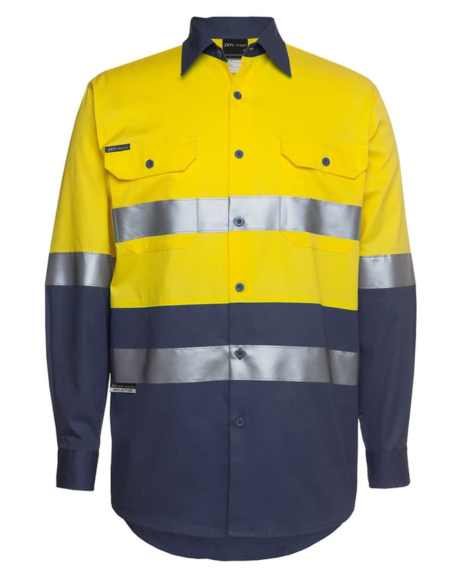 A long-sleeved work shirt in yellow and navy, featuring reflective stripes and a logo on the upper left.