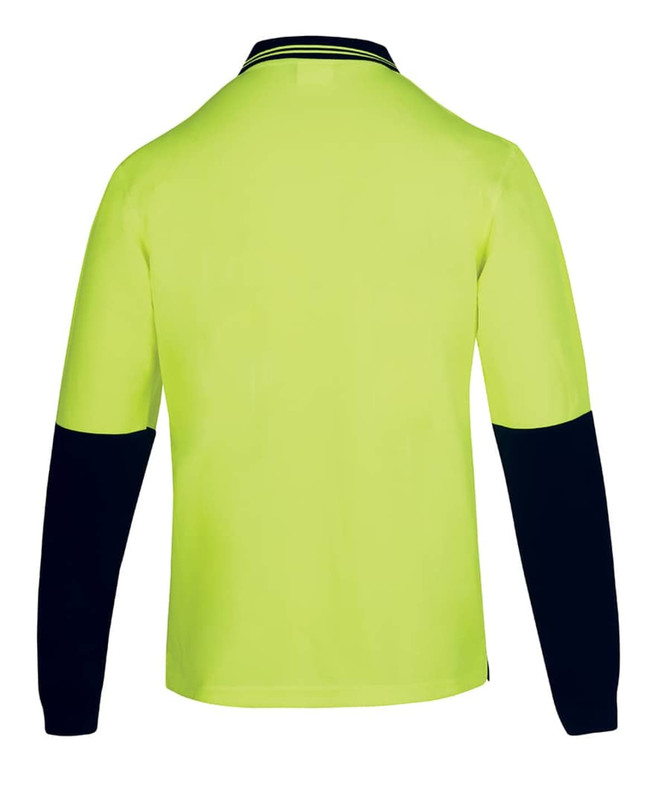 A long-sleeved polo shirt in lime green with navy blue sleeves, featuring a logo on the front.