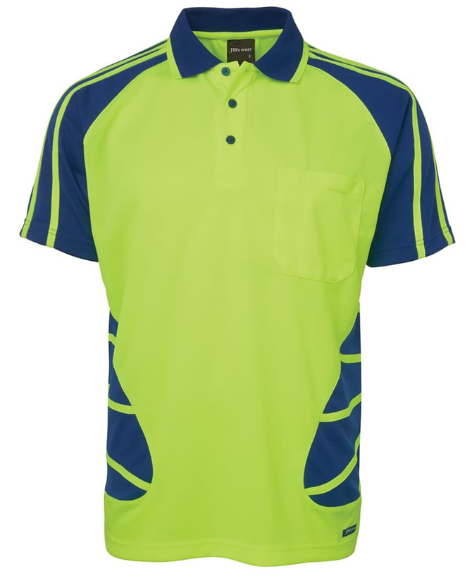 A short-sleeved polo shirt in fluorescent yellow and navy blue, featuring a logo and a pocket on the front.