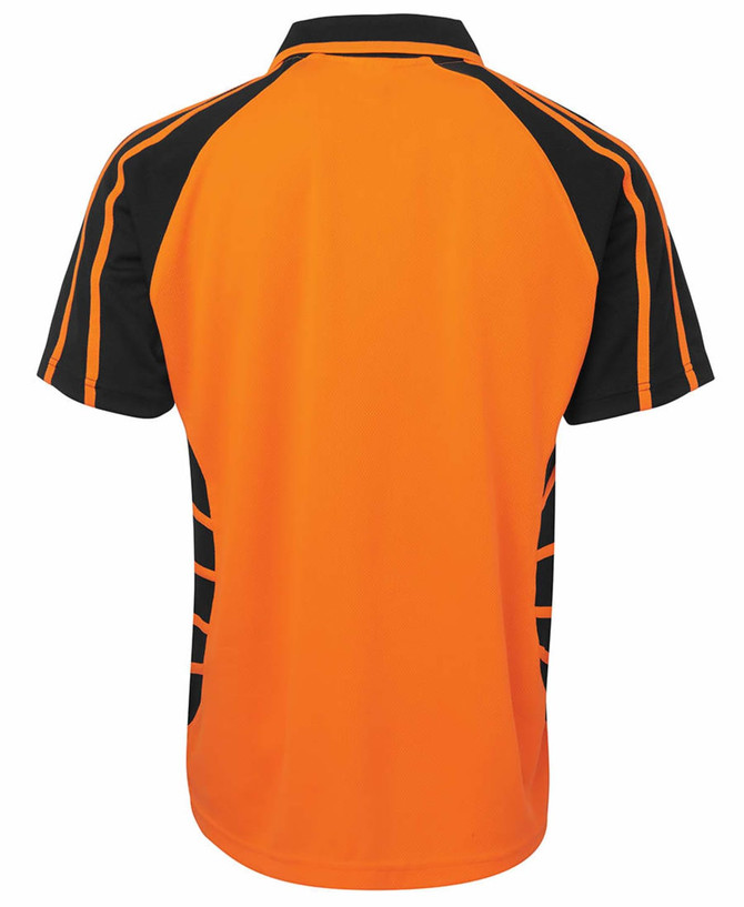 An orange and black polo shirt with a logo, featuring a sporty design and mesh details.
