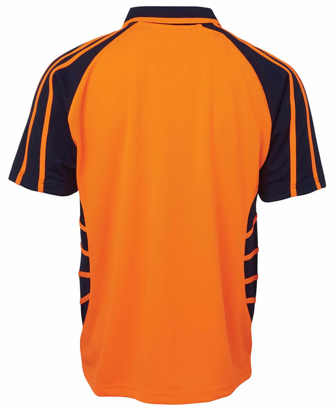 An orange and navy work polo shirt with a sporty design and a logo on the chest.