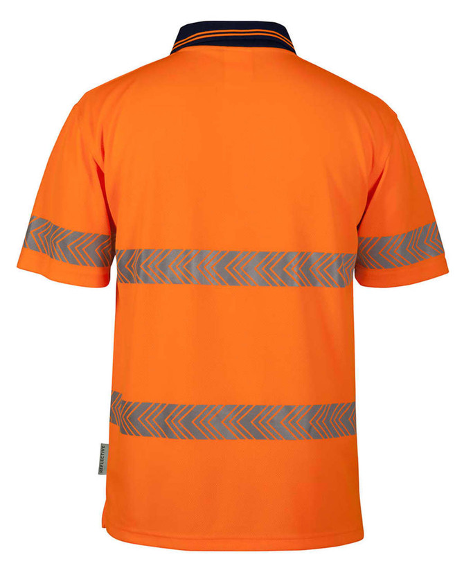 An orange polo shirt with reflective segmented stripes and a collar, featuring a logo on the side.