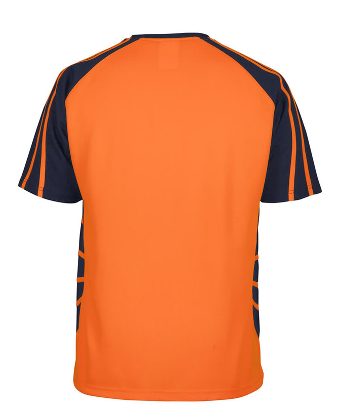 A work t-shirt featuring an orange body with navy blue sleeves and side details. It includes a logo on the back.