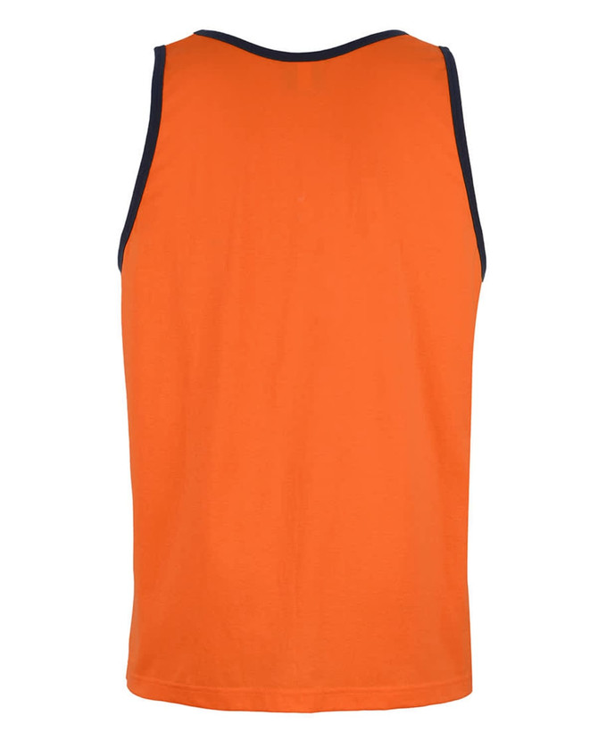 An orange singlet with a dark neckline, designed as workwear. It features a logo on the back.