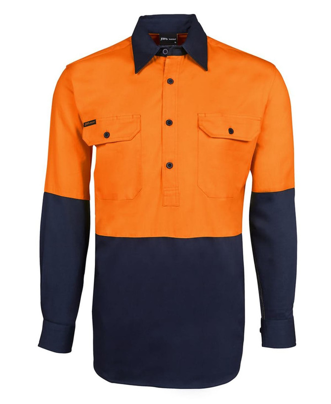 High-visibility long sleeve work shirt in orange and navy, featuring two front pockets and a branding logo.