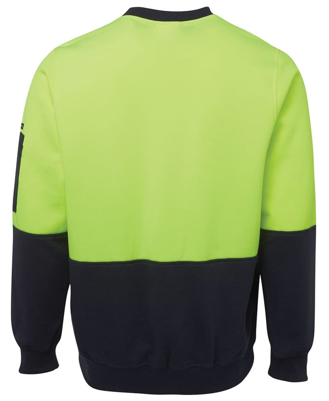 A fleece crew jumper in bright green and navy blue with a logo on the sleeve.