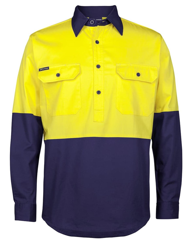 A long-sleeve work shirt featuring a yellow upper section and navy blue lower section, with two front pockets and a logo.