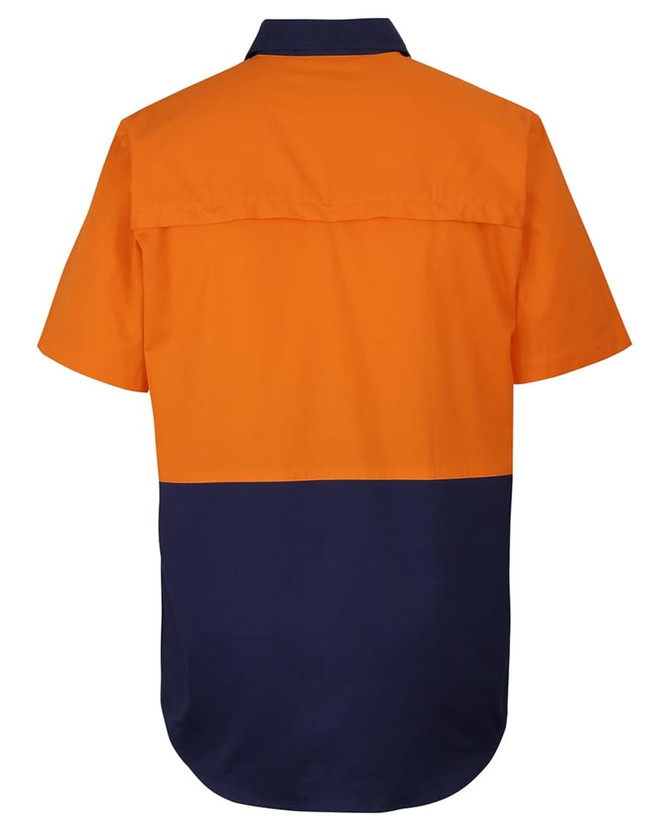 Short-sleeved work shirt in orange and navy, featuring a colour-block design with a back yoke and a logo.