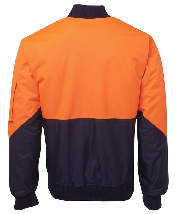 Hi-vis jacket in orange and navy, featuring a zip front and a pocket on the sleeve. Includes logo branding.