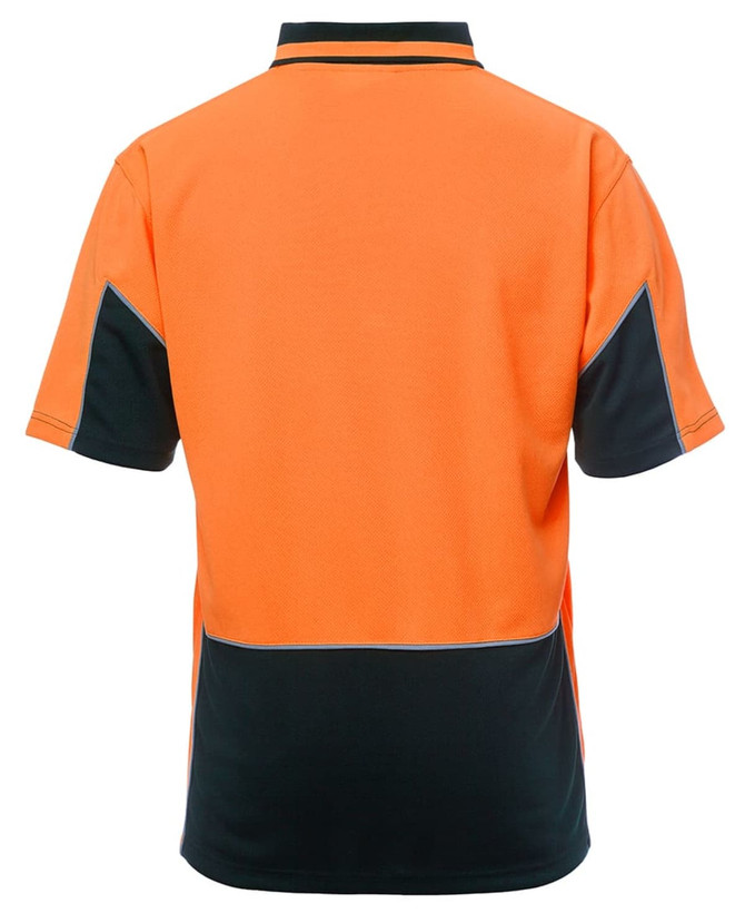 An orange and black short-sleeve polo shirt with a logo, featuring contrast stitching and a collar.