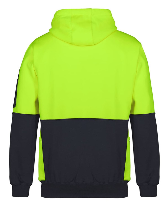 A high-visibility hoodie in bright yellow and black, featuring a hood and a logo on the sleeve.