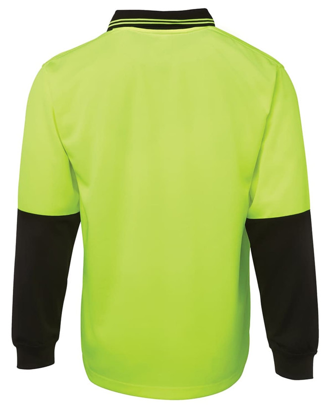 A long-sleeve polo shirt featuring a vibrant yellow body and black sleeves, with a collar and a logo.