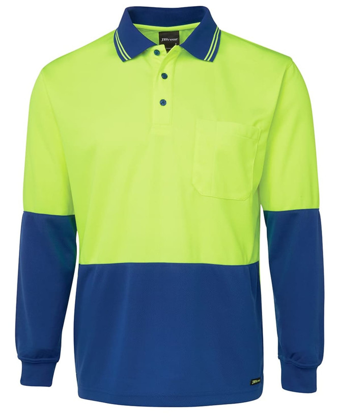 A long-sleeve polo shirt in fluorescent yellow and navy blue, featuring a pocket and a logo.