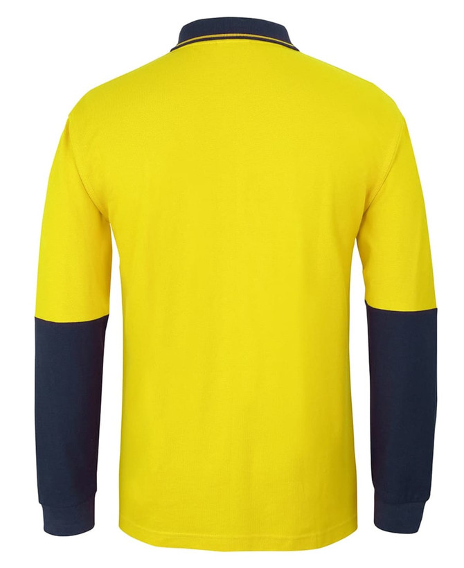 A long-sleeve polo shirt in vibrant yellow with navy blue sleeves and collar, featuring a logo.