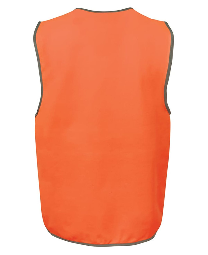 An orange safety vest with contrasting trim, featuring a logo. Ideal for visibility and safety.
